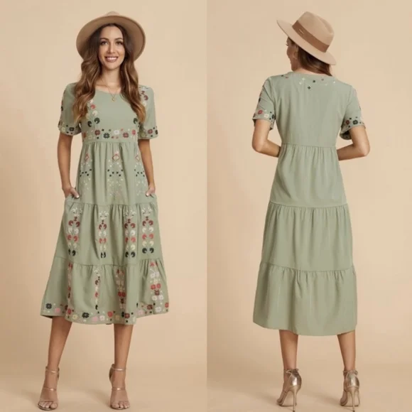 CURVEDREAM Floral Embroidery Tiered Midi Dress - Picture 1 of 11